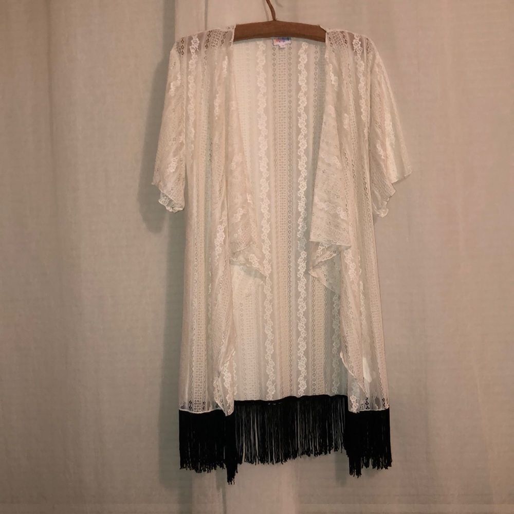 LuLaRoe S Monroe Ivory Lace Short Sleeve Open Waterfall Black Tassel Cardigan